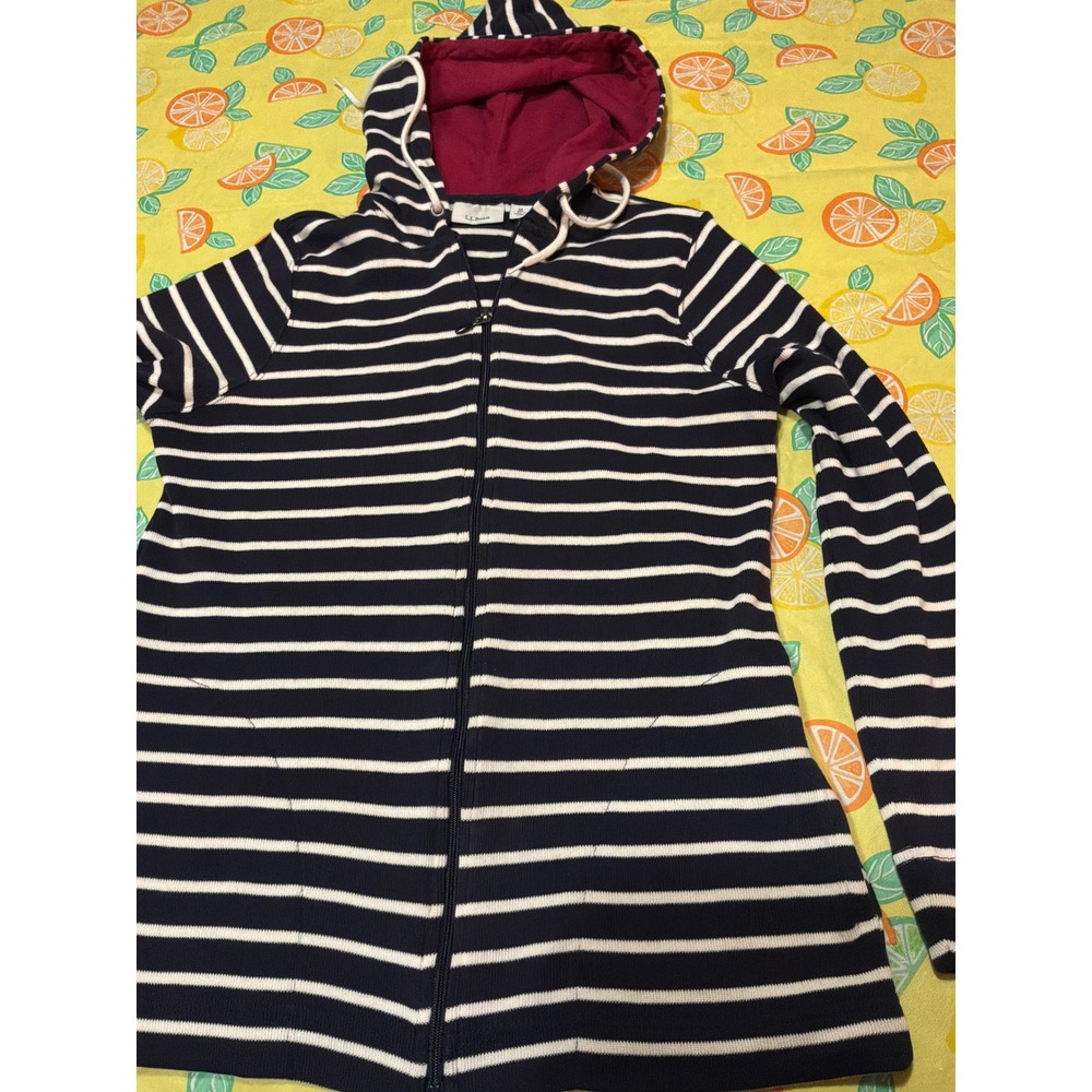 L.L.Bean Full Zip Hoodie Womens Medium Navy Blue White Striped Ribbed Knit